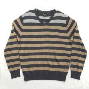 Neiman Marcus Sweater Mens Large Tan Black Striped Merino Wool V-Neck Pullover